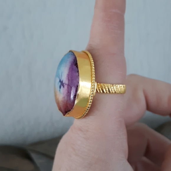 New Gold Plated Rainbow Solar Quartz Stamped Ring. - Picture 6 of 8